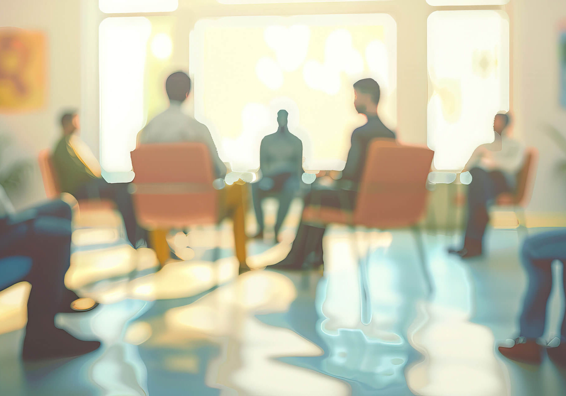 A blurred background of psychiatric patients in group therapy