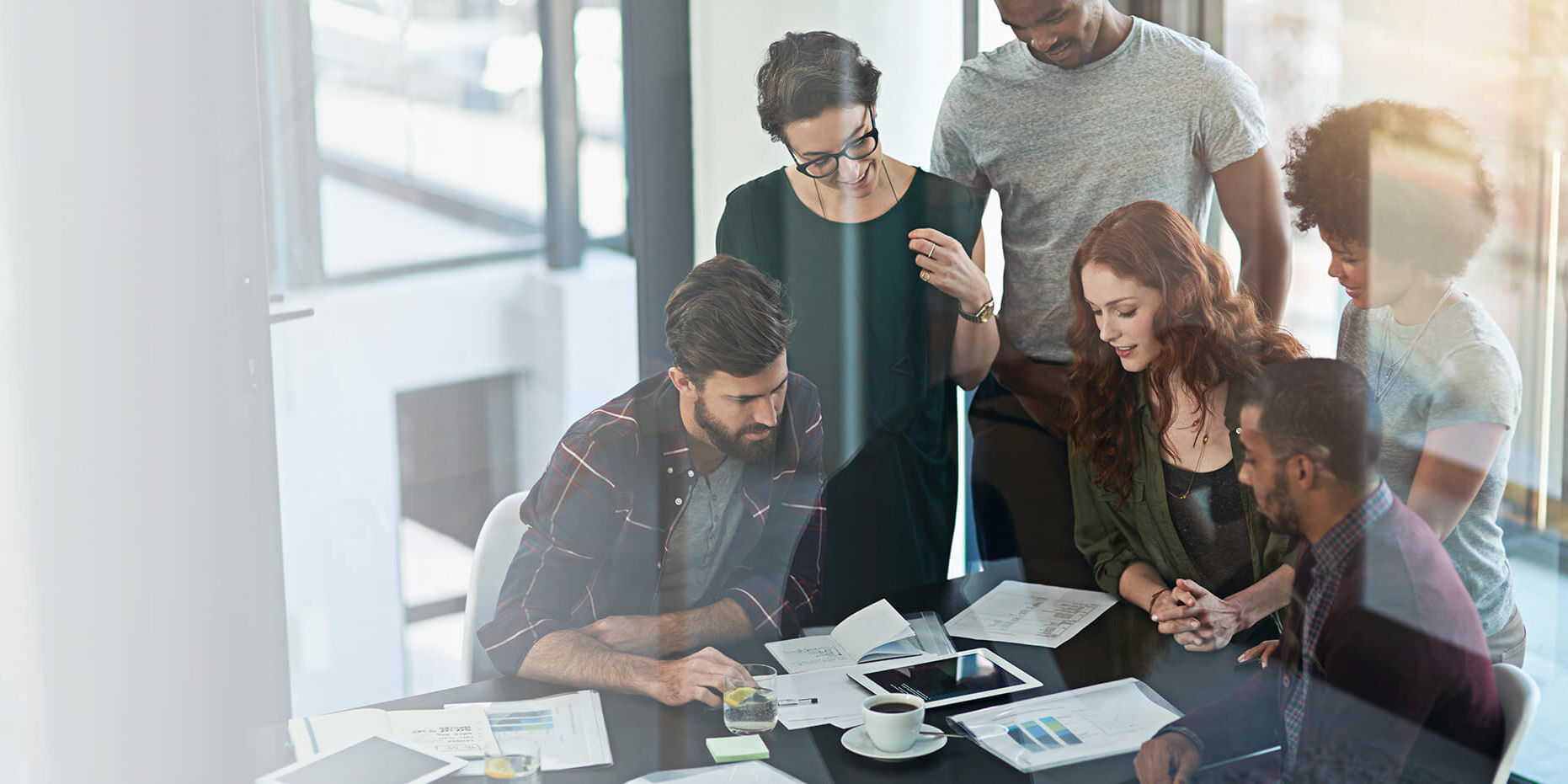 Business people, planning and office tablet, digital consultant and agency staff. Collaboration, banner and professional group with tech, paperwork and data search together with work diversity.