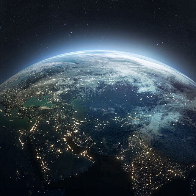 Nightly planet Earth in dark outer space. Civilization. Elements