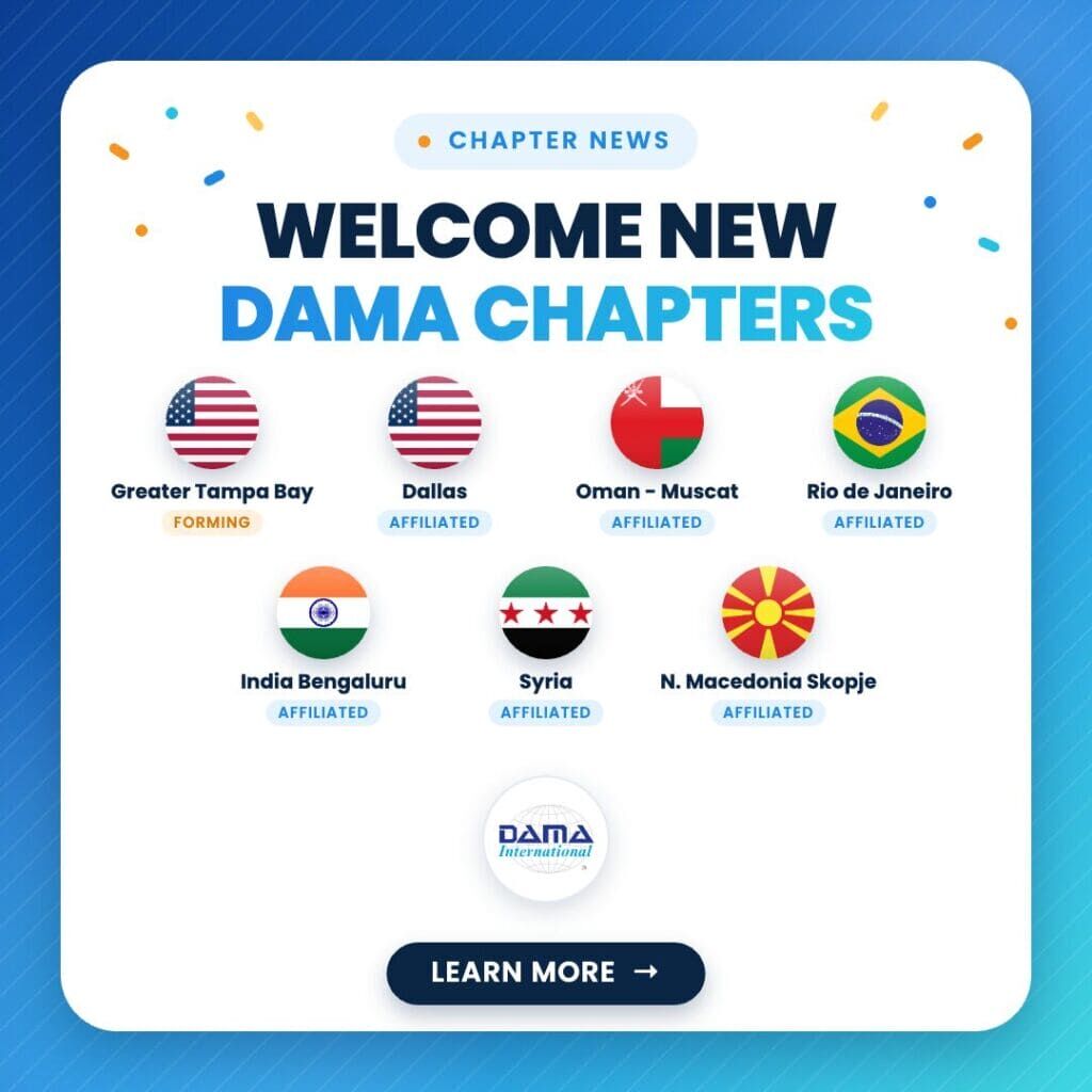 New DAMA chapters 2026: Greater Tampa Bay, Dallas, Oman Muscat, Rio de Janeiro, India Bengaluru, Syria and North Macedonia Skopje
