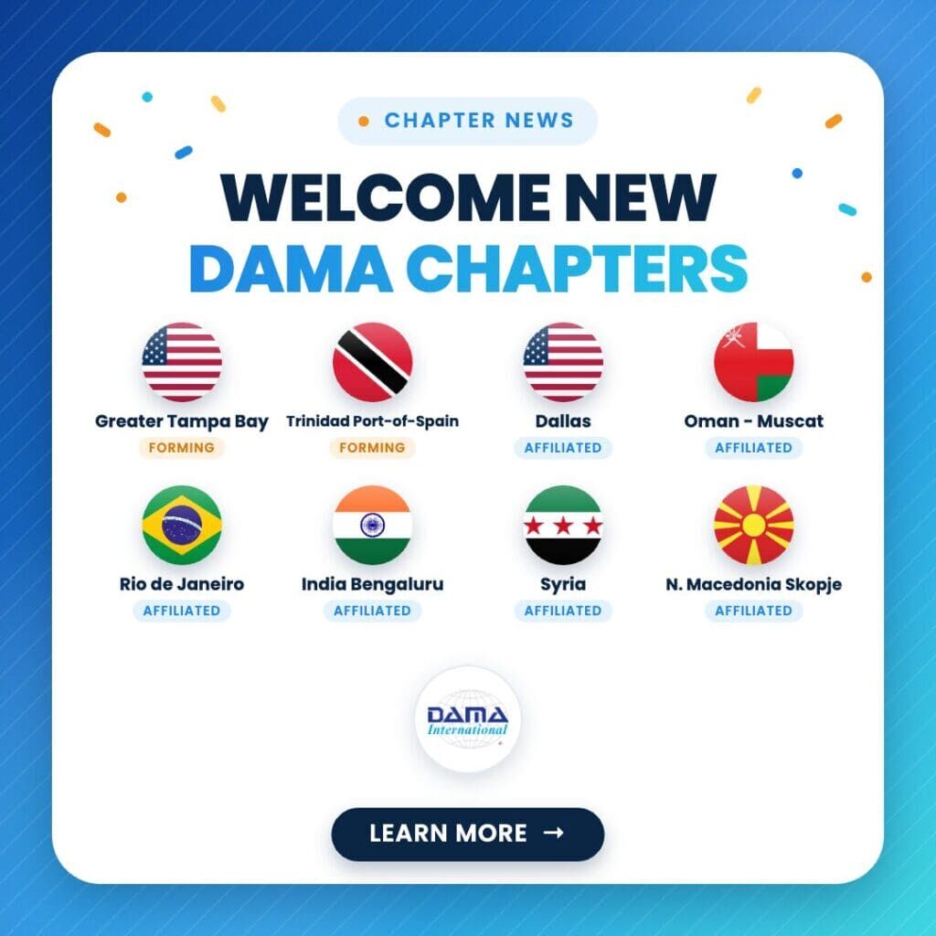 New DAMA chapters 2026: Greater Tampa Bay, Trinidad Port-of-Spain, Dallas, Oman Muscat, Rio de Janeiro, India Bengaluru, Syria and North Macedonia Skopje